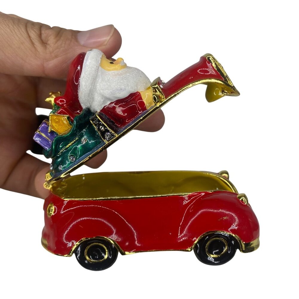 Santa enameled luxury red car bejeweled crystals trinket collectible box - Picture 7 of 11